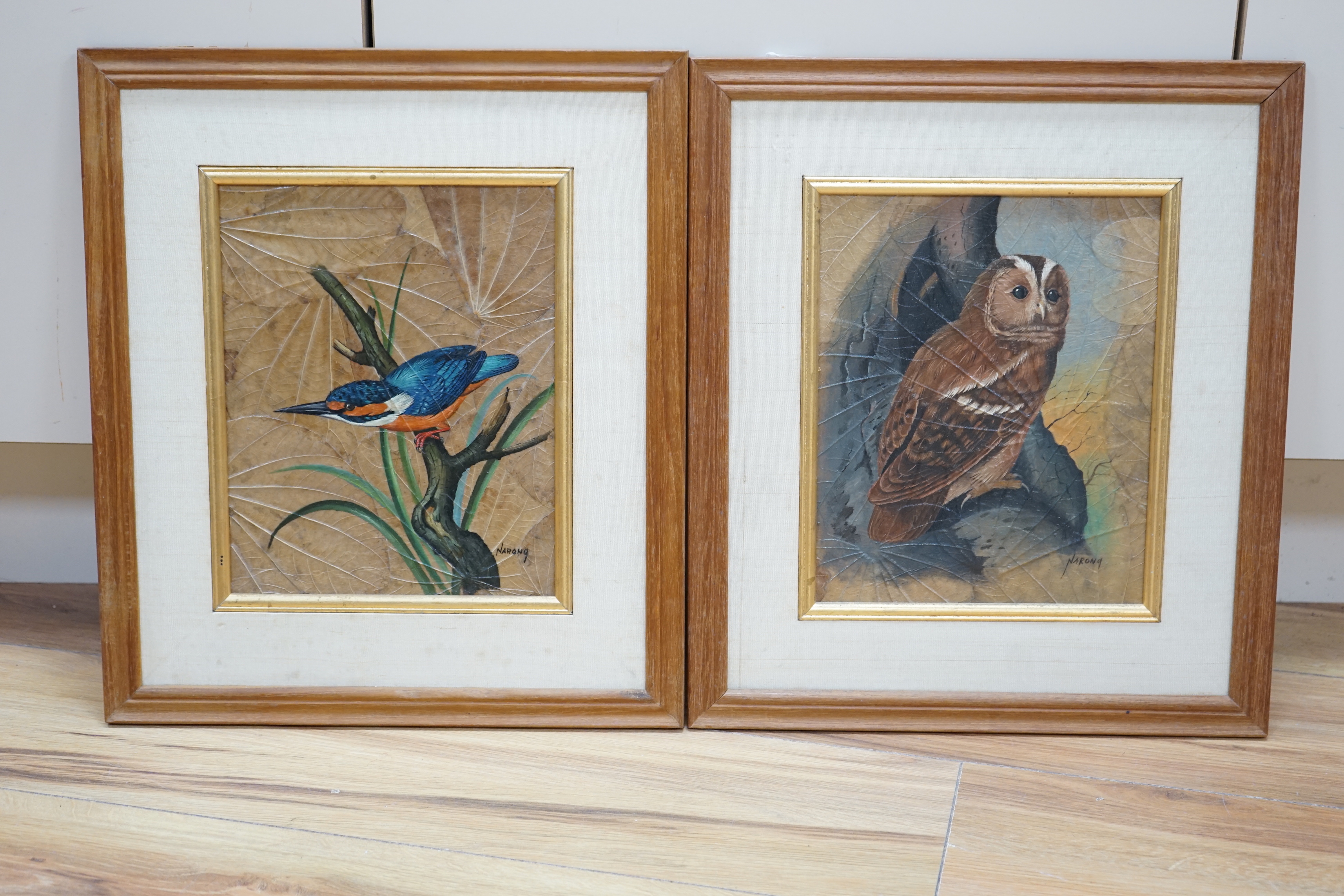 Narong, pair of Thai oil paintings on leaves, Kingfisher and Tawny owl, each signed, 24 x 20cm